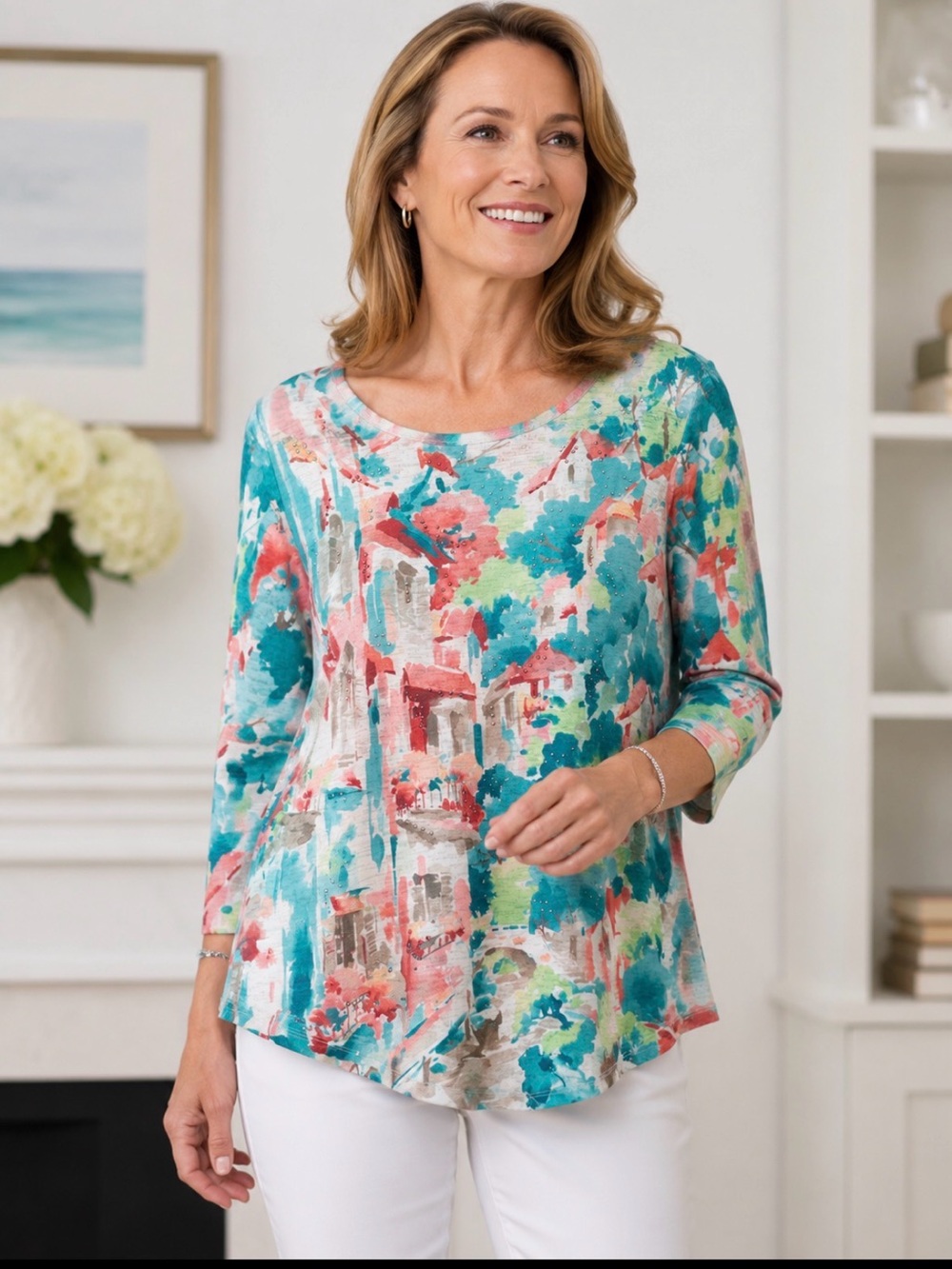 Alfred Dunner Teal Coral Multi-Print Scoop Neck Tunic